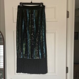 Zara Iridescent Green-Blue Sequin Fringe Midi Skirt